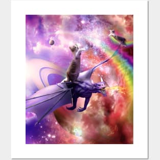 Rainbow Space Cat On Dragon Posters and Art